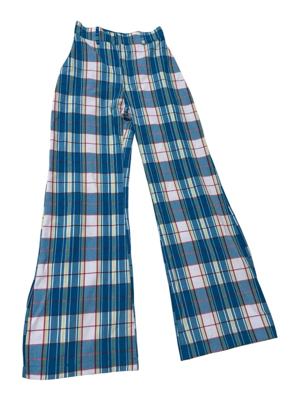 Free People Blue and White Plaid Wide Leg Pants